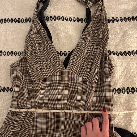 La Ligne Charlotte Tie-Detailed Midi Dress in Navy Blue + Brown Plaid - Picture 5 of 14